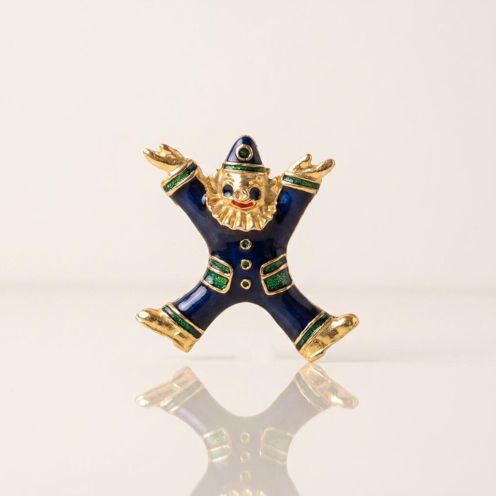 Vintage Enamel Clown Brooch – Navy Blue & Gold-Tone Whimsical Figural Pin